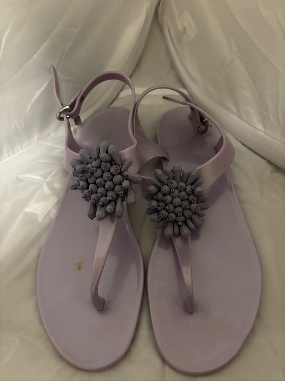 Coach Lavender T-Strap Sandals with Floral Cluster